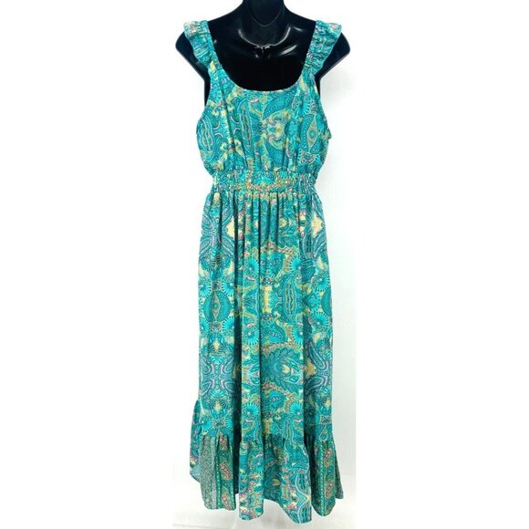 Boemo Anthropologie Women Dress Turquoise Paisley Ruffle Tier Smock Stretch - Picture 6 of 9